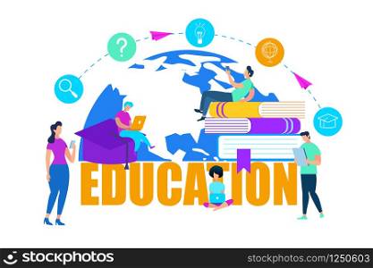 Young Men and Women Study with Gadgets Around of Yellow Colored Word Education. Books and School Stuff Icons. Earth Globe. Square Academical Cap. Flat Vector Illustration Isolated on White Background.. Men and Women Study Around Yellow Word Education