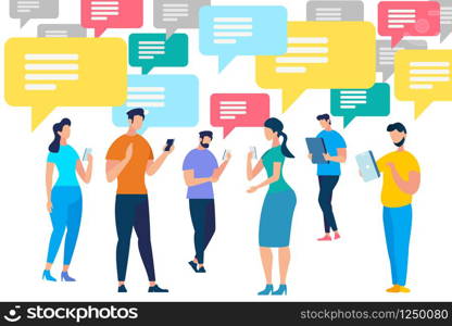 Young Men and Women with Smartphones and Gadgets Chatting, Texting, Walking. Communicating People Crowd with Speech Bubbles Isolated on White Background. Simple Modern Cartoon Flat Vector Illustration. Young Men and Women with Smartphones and Gadgets