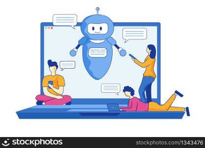 Young Men and Women Write Messages Using Chatbot. Vector Illustration on White Background. Cartoon Smiling Chatbot on Blue Laptop Background Helps to Communicate to Users Social Networks.