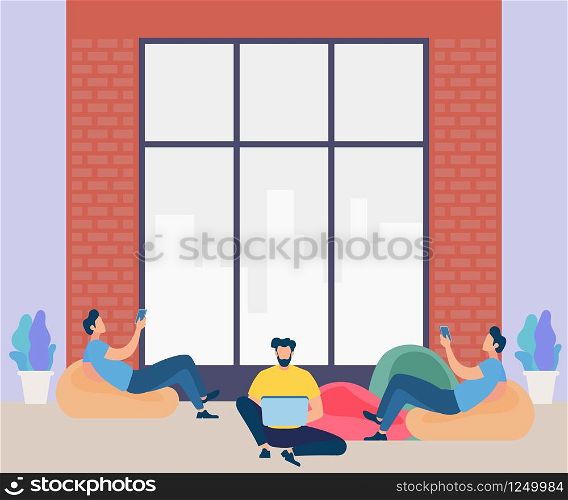 Young Men Characters Working, Rest and Study Together. Freelancer Activity in Coworking Space. Businesspeople Work by Laptop and Gadgets in Creative Shared Workplace. Cartoon Flat Vector Illustration. Men Characters Working, Rest and Study Together.