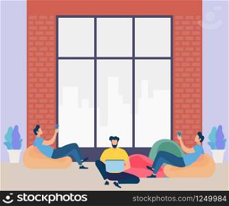 Young Men Characters Working, Rest and Study Together. Freelancer Activity in Coworking Space. Businesspeople Work by Laptop and Gadgets in Creative Shared Workplace. Cartoon Flat Vector Illustration. Men Characters Working, Rest and Study Together.