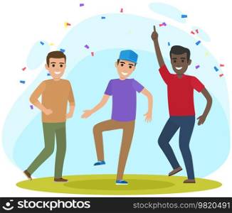 Young men dancing and raising hands in serpentine. Celebration party, activity, feeling excited concept. Male characters moving rhythmically to music. Guys in dance rejoice. Joy of victory, success. Young men dancing and raising hands in serpentine. Celebration party, activity, moving to music