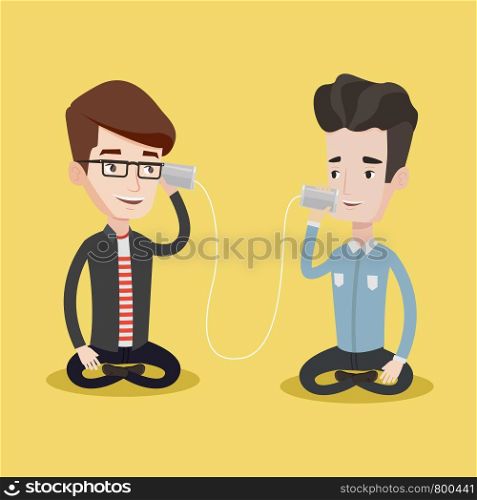 Young men discussing something funny using tin can telephone. Guy getting good message from friend on tin can phone. Friends talking through a tin phone. Vector flat design illustration. Square layout. Young friends talking through tin phone.