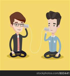 Young men discussing something funny using tin can telephone. Guy getting good message from friend on tin can phone. Friends talking through a tin phone. Vector flat design illustration. Square layout. Young friends talking through tin phone.