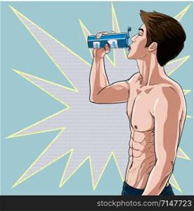 Young men drink water after exercise Add minerals to the body Health Illustration vector On pop art comic style Dot colorful background