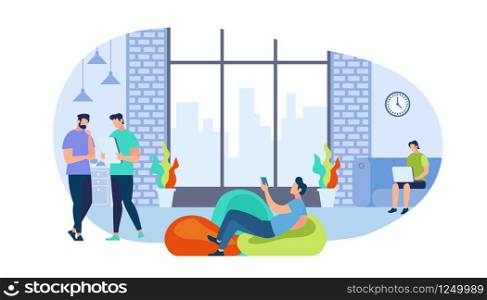 Young Men Holding Gadgets as Smartphone, Laptop, Tablet for Texting, Talking, Info Researching, Learning. Male Characters with Mobile Phones in Modern Room Interior. Cartoon Flat Vector Illustration. Young Men Holding Gadgets in Modern Room Interior