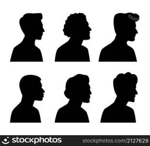 Young men profile silhouettes. Vector heads silhouette set illustration, man dark sketch portraits, human teenager person face profiles. Young men profile silhouettes