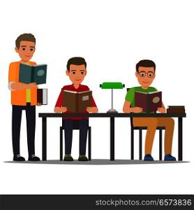 Young men reading textbooks in library. Students seating at the table and standing with open book in hand isolated flat vector. Enthusiastic readers illustration for educational and hobby concept. Student Reading Textbook in Library Flat Vector 