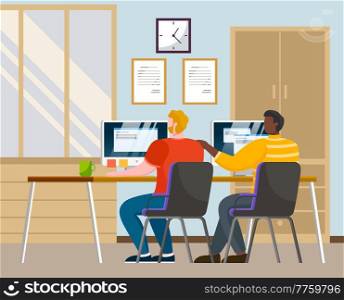 Young men sitting at a table working on the computers together in office, programmers teamwork, business analysis, design, strategy. Flat vector cartoon illustration. Man is working at his laptop. Young men sitting at a table working on the computers together in office, programmers teamwork