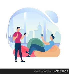Young Men Using Gadgets Sitting on Armchair and Standing at Window with City View Isolated on White Background. Guys with Cell Phones. Student Characters Using Mobile. Cartoon Flat Vector Illustration. Young Men Using Gadgets at Window with City View