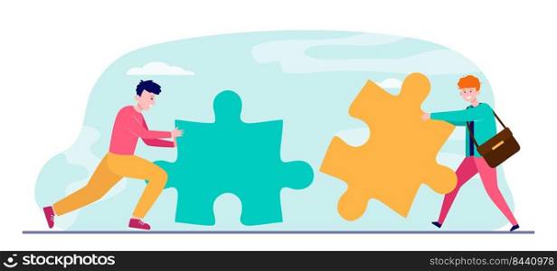 Young men with big puzzle pieces. Help, together, coworking flat vector illustration. Teamwork and friendship concept for banner, website design or landing web page