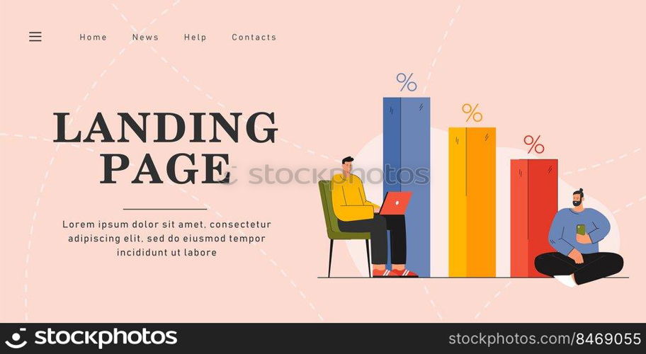 Young men working online flat vector illustration. Cartoon freelancers doing job in statistics background. Rising incomes, percentages, working ratio concept for banner design or landing page