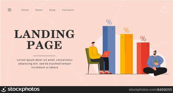 Young men working online flat vector illustration. Cartoon freelancers doing job in statistics background. Rising incomes, percentages, working ratio concept for banner design or landing page