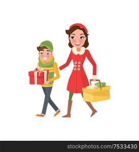 Young mom and boy with wrapped gift boxes and packages with presents. Cartoon style female, customers isolated. Mother and son do shopping together. Young Mom and Boy, Wrapped Gift Boxes and Packages