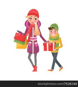 Young mom and boy with wrapped gift boxes and packages with presents. Cartoon style people, customers isolated. Mother and son do shopping together. Mom and boy, wrapped gift boxes and packages, Xmas