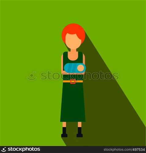 Young mom holding newborn baby flat icon on a green background. Young mom holding newborn baby flat icon