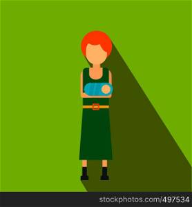 Young mom holding newborn baby flat icon on a green background. Young mom holding newborn baby flat icon