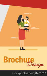 Young mom holding toddler child in arms. Mother and son standing outdoors, hugging flat vector illustration. Motherhood, child care, family concept for banner, website design or landing web page