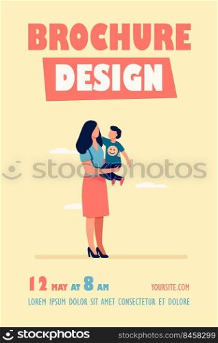 Young mom holding toddler child in arms. Mother and son standing outdoors, hugging flat vector illustration. Motherhood, child care, family concept for banner, website design or landing web page