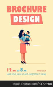 Young mom holding toddler child in arms. Mother and son standing outdoors, hugging flat vector illustration. Motherhood, child care, family concept for banner, website design or landing web page