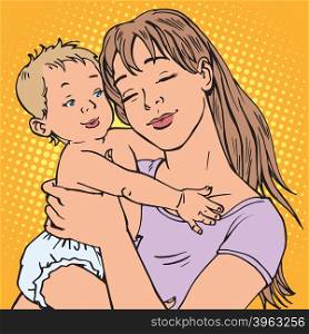 young mother baby vector retro pop art. The children and parents. maternal concern about the baby. Vector mother. Mom illustration. young mother baby
