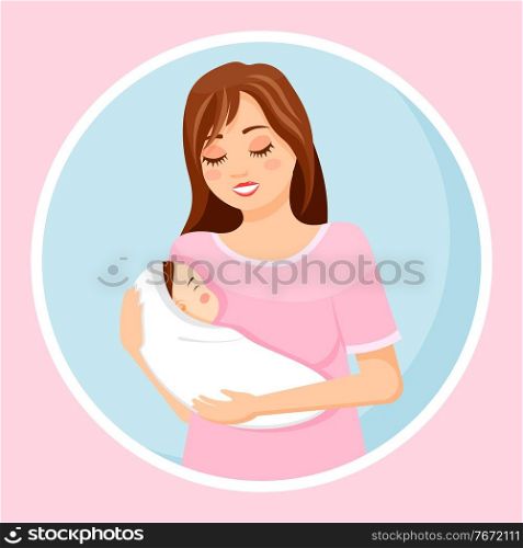 Young mother breastfeeds her baby. Baby in the arms of the mother. Motherhood and infancy. A woman in pink T-shirt holds child with her arms. Vector flat illustration of female isolated on blue. Mother with the baby in her arms. Breasfeeding, maternity and infancy. Flat vector illustration