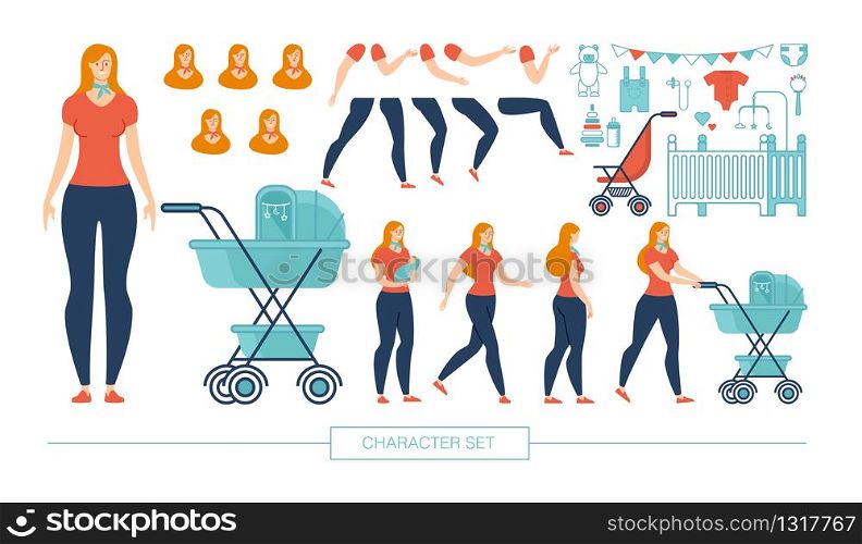 Young Mother Character Constructor Trendy Flat Design Elements Set Isolated on White. Woman with Child in Various Poses, Body Parts Pack, Emotion Face Expressions, Child Accessories Illustrations