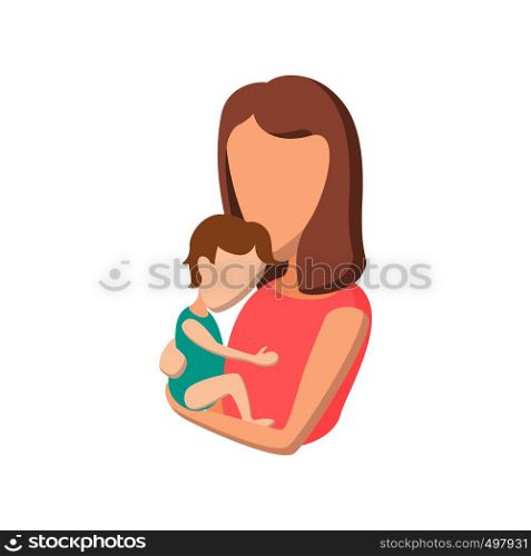 Young mother holding her baby cartoon icon on a white background. Young mother holding her baby cartoon icon