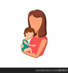 Young mother holding her baby cartoon icon on a white background. Young mother holding her baby cartoon icon
