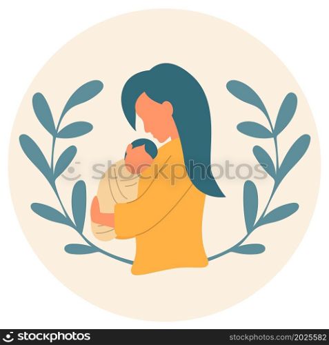 Young mother holds her baby in her arms. Mom with baby, vector illustration. Adult woman with child flat drawn. Young mother holds her baby in her arms