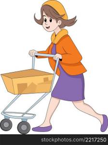 Young mother is shopping at the beginning of the month, daily necessities market, cartoon flat illustration