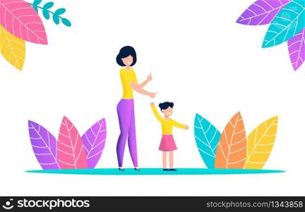 Young Mother on Walk with her Daughter in Park. Smiling Woman Points Hand at Plant. Little Girl on Walk with her Mother. Fun on Hot Summer Day in Fresh Air. Active Pastime School Holidays