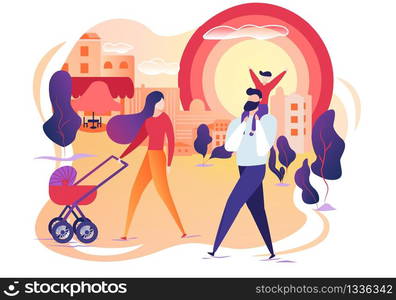 Young Mother Pushing Baby Carriage, Little Son Sitting at Dads Shoulders on Urban Sunset View. Happy Family Walking at City Street. Cartoon Flat Vector Illustration, Icon Isolated on White Background.. Mom Push Baby Carriage, Son Sit at Dads Shoulders.