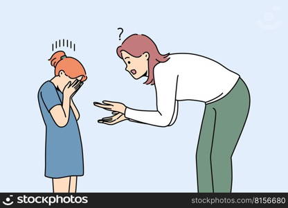 Young mother scolding unhappy crying small daughter. Confused mom talk with upset distressed girl child. Motherhood problem. Vector illustrations. . Young mother scold crying daughter 