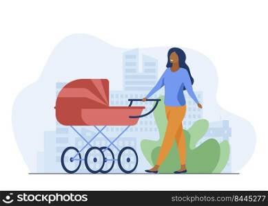 Young mother walking with baby carriage along street. Mom, infant, motherhood flat vector illustration. Parenthood and urban lifestyle concept for banner, website design or landing web page