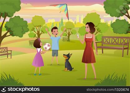 Young Mother Walking with Kids and Dog in City Park Cartoon Vector. Woman Making Selfie Photo while Little Girl Playing Ball, Happy Smiling Teenager Boy Launching Kite on Green Meadow Illustration