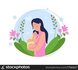 Young mother with baby flat concept vector illustration. Parent love for child. Spring holiday, floral border. Mom with infant 2D cartoon characters for web design. Mothers day creative idea. Young mother with baby flat concept vector illustration