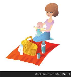 Young mother with baby on a picnic. Basket food stand on the Mat