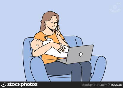 Young mother with newborn baby work on computer at home online. Busy mom with infant child multitask working remote talking on cell. Vector illustration. . Young mother with newborn work on laptop 