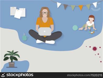 Young mother working with a laptop freelancer, remote work at home and raising a child at home. Work wherever you want with pleasure. Flat vector illustration.