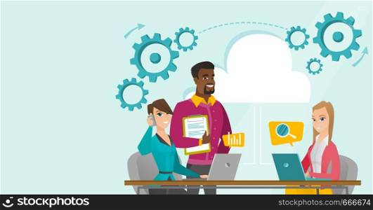 Young multicultural business people using laptop computers, talking on mobile phone in office under cloud. Office life and cloud computing concept. Vector cartoon illustration. Horizontal layout.. Caucasian people working in office under cloud.
