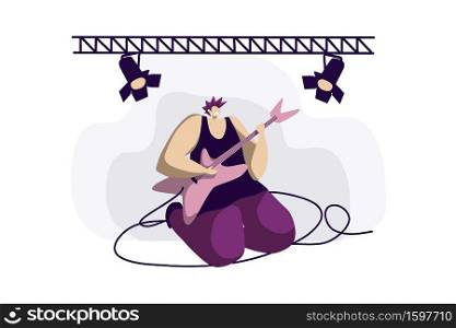Young musician, band member playing electric guitar, woman with iroquois, guitarist solo, punk rock music show. Metal concert, stage performance concept cartoon sketch. Flat vector illustration. Young musician, band member playing electric guitar, woman with iroquois, guitarist solo, punk rock music show