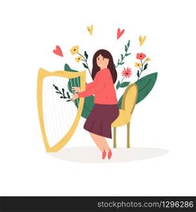 Young musician girl playing harp, Favorite hobby, leisure time. Vector illustration. Young musician girl playing harp, Favorite hobby
