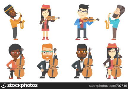 Young musician playing cello. Musician performing with cello. Cellist playing classical music on cello. Man with cello and bow. Set of vector flat design illustrations isolated on white background.. Vector set of musicians characters.