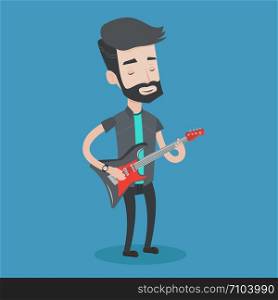 Young musician playing electric guitar. A hipster man with the beard practicing in playing guitar. Guitarist with his eyes closed playing music. Vector flat design illustration. Square layout.. Man playing electric guitar vector illustration.