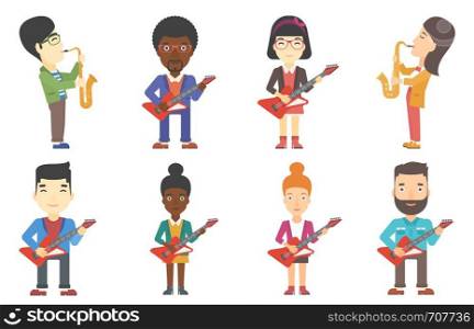 Young musician playing electric guitar. Guitarist practicing in playing electric guitar. Saxophonist performing with saxophone. Set of vector flat design illustrations isolated on white background.. Vector set of musicians characters.