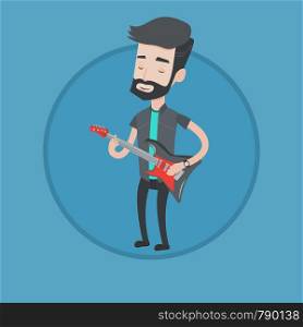 Young musician playing electric guitar. Hipster man practicing in playing guitar. Guitarist with his eyes closed playing music. Vector flat design illustration in the circle isolated on background.. Man playing electric guitar vector illustration.