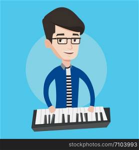 Young musician playing piano. Pianist playing upright piano. Male artist playing on synthesizer. Vector flat design illustration. Square layout.. Man playing piano vector illustration.