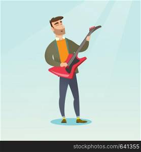 Young musician playing the electric guitar. Hipster man with beard practicing in playing the guitar. Guitarist with closed eyes playing the guitar. Vector flat design illustration. Square layout.. Man playing the electric guitar.