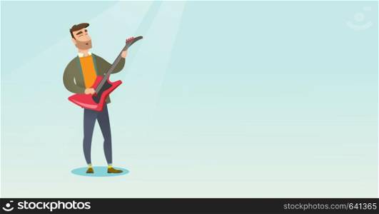 Young musician playing the electric guitar. Hipster man with beard practicing in playing the guitar. Guitarist with closed eyes playing the guitar. Vector flat design illustration. Horizontal layout.. Man playing the electric guitar.